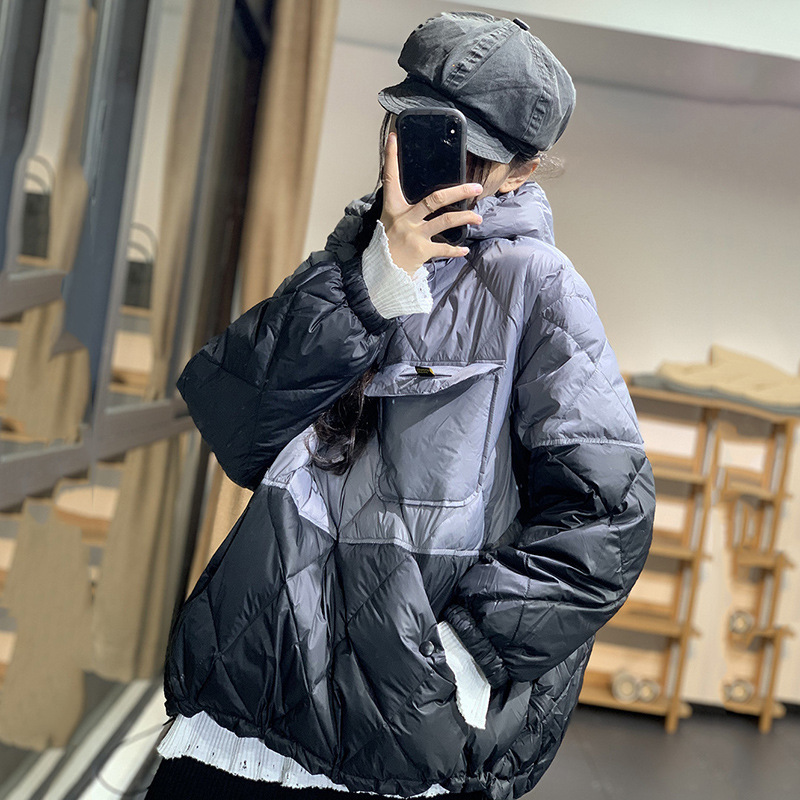 2023菱格卫衣版潮流文艺个性超宽松慵懒保暖压格连帽套头羽绒服女