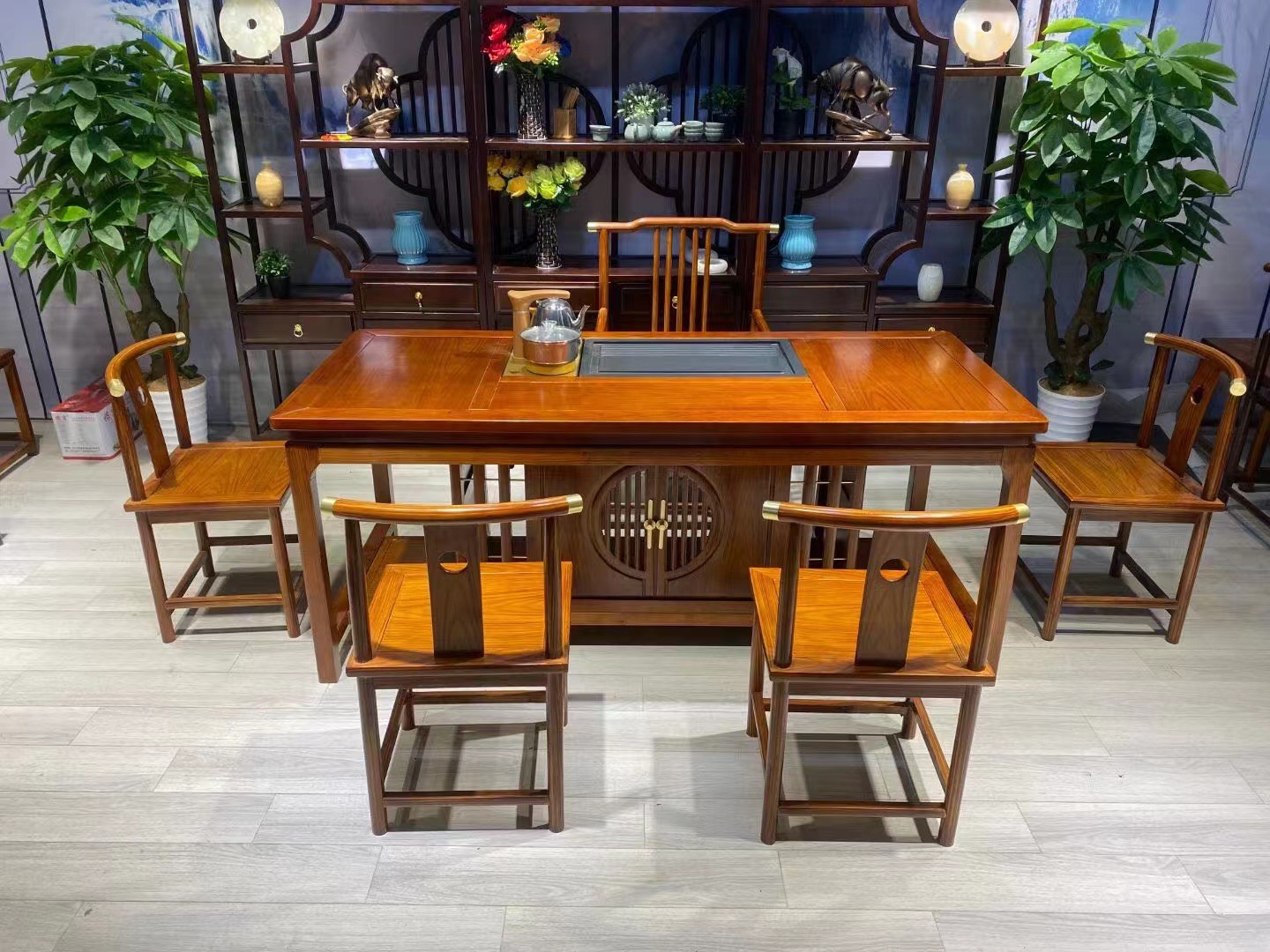 新中式2米长茶台实木茶桌椅组合橡木一桌五椅烧水壶一体功夫茶几