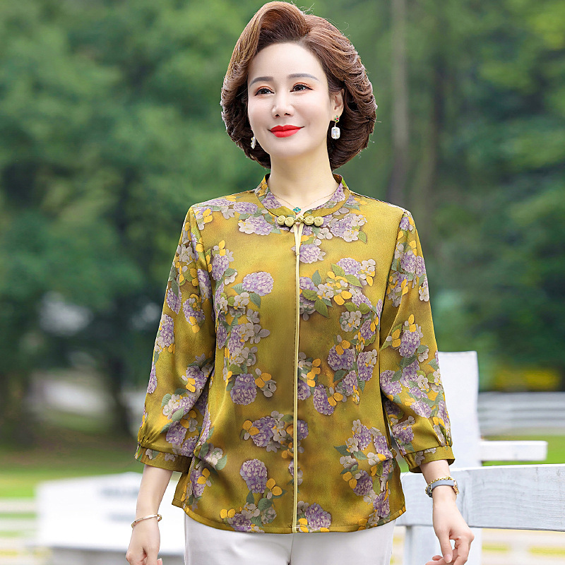 Middle-Aged Mom Spring Wear Artificial Silk Top Spring and Summer Mid-Sleeve T-shirt Middle-Aged and Elderly Women's Summer Youthful Undershirt New