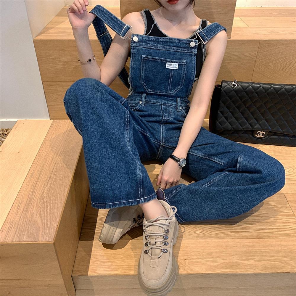 减龄高腰牛仔背带裤女宽松韩版春秋复古显瘦显高直筒阔腿长裤子潮