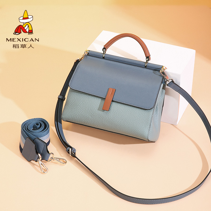 稻草人女士包包2020新款秋冬拼色手提包宽肩带潮流单肩斜挎包