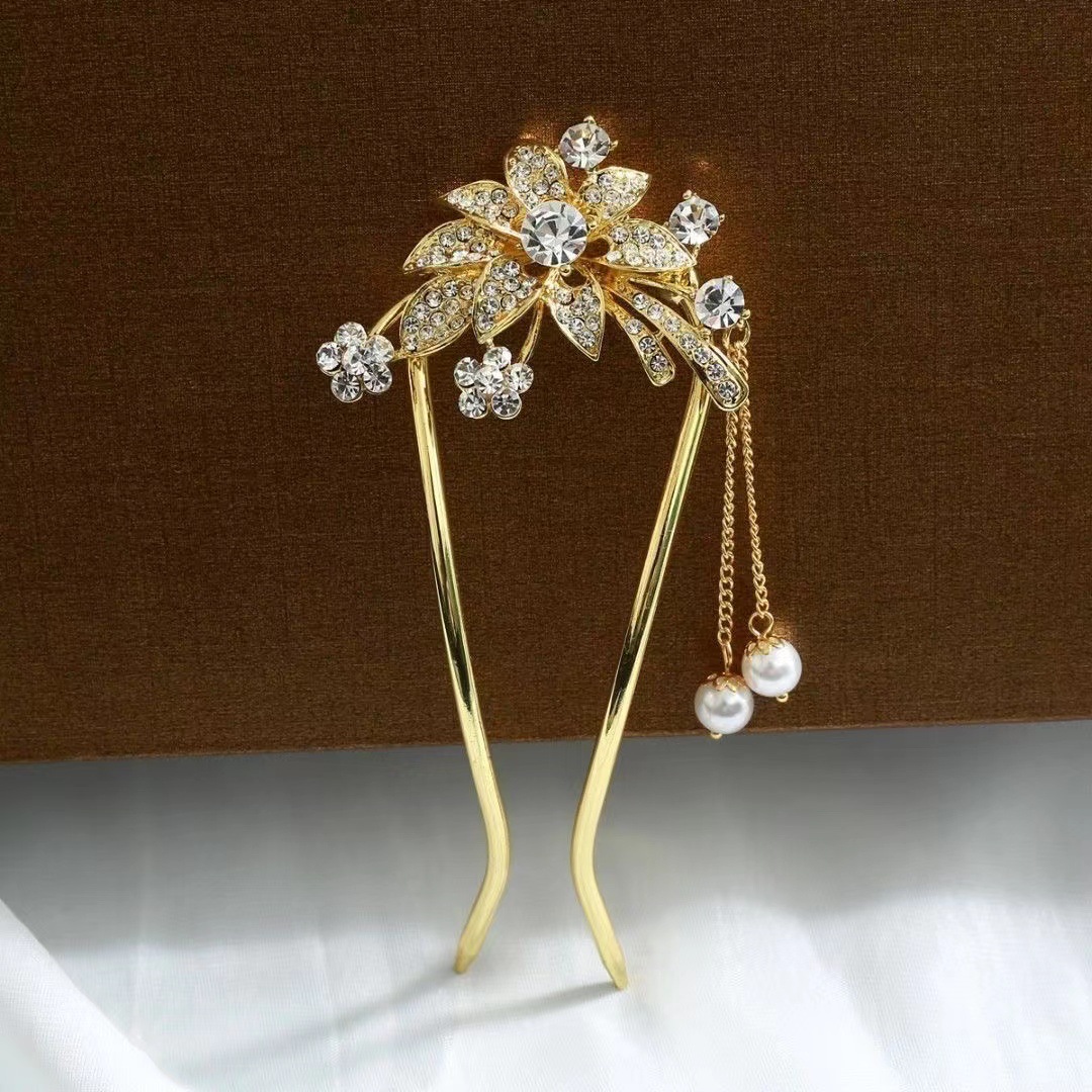 新款山茶花流苏发簪古风簪子珍珠发饰后脑勺夏季头发蓬松盘发神器