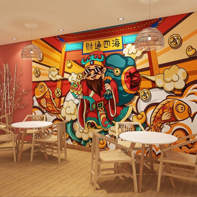 3d棋牌室麻将馆壁纸国潮风壁布自拍馆墙纸中式餐厅烧烤火锅店墙布