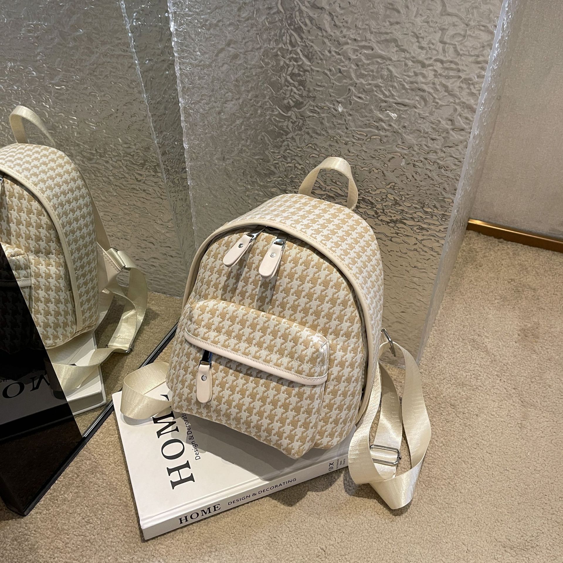 针织千鸟格双肩包女韩版校园高中大学生小清新少女书包休闲背包潮