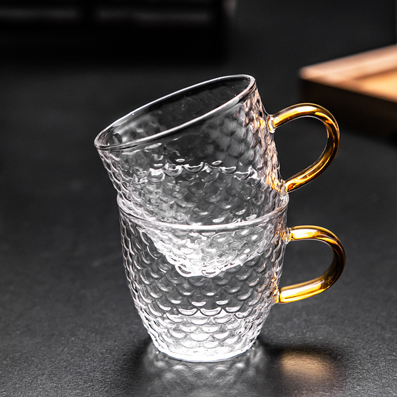 高硼硅玻璃品茗杯带把鱼鳞纹小茶杯家用玻璃品茶杯功夫茶具小品杯