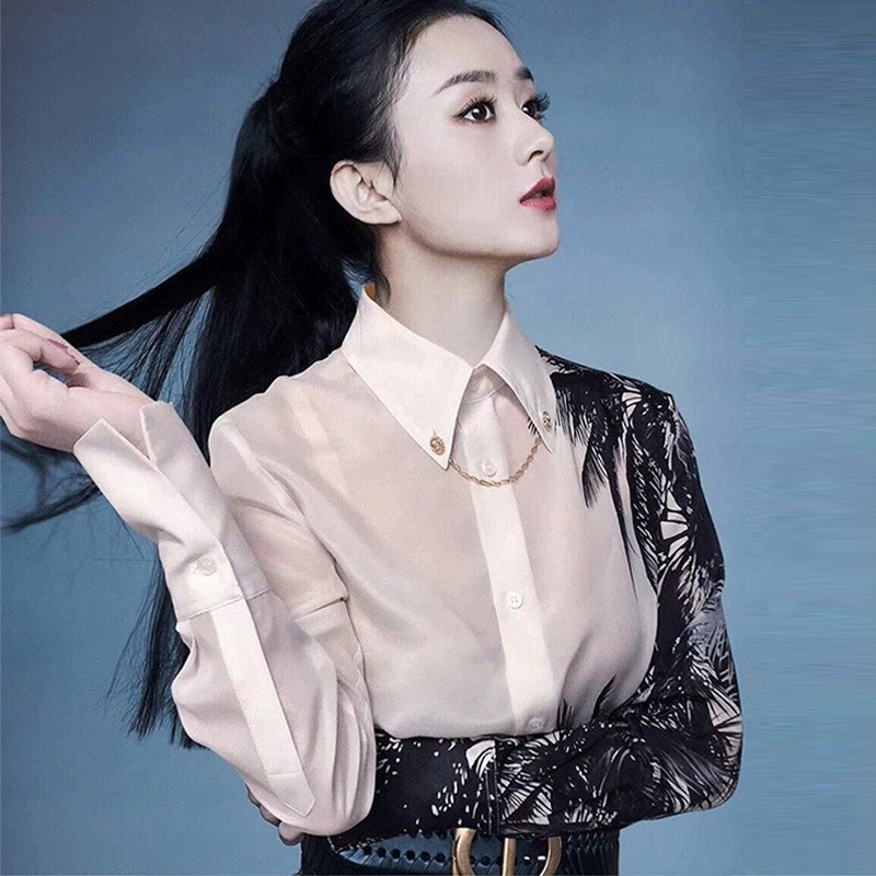 欧货衬衫女设计感小众印花冷淡风新款女装赵丽颖明星同款衬衫上衣