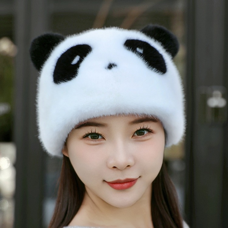 百搭新款冬季新款女熊猫帽子可爱仿水貂绒帽子护耳毛茸茸保暖防风