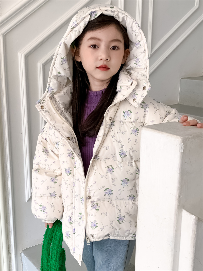 Flower and Search Girl's down Coat Winter Clothing 2023 New Fresh Floral Hooded White Duck down Warm Coat Tide