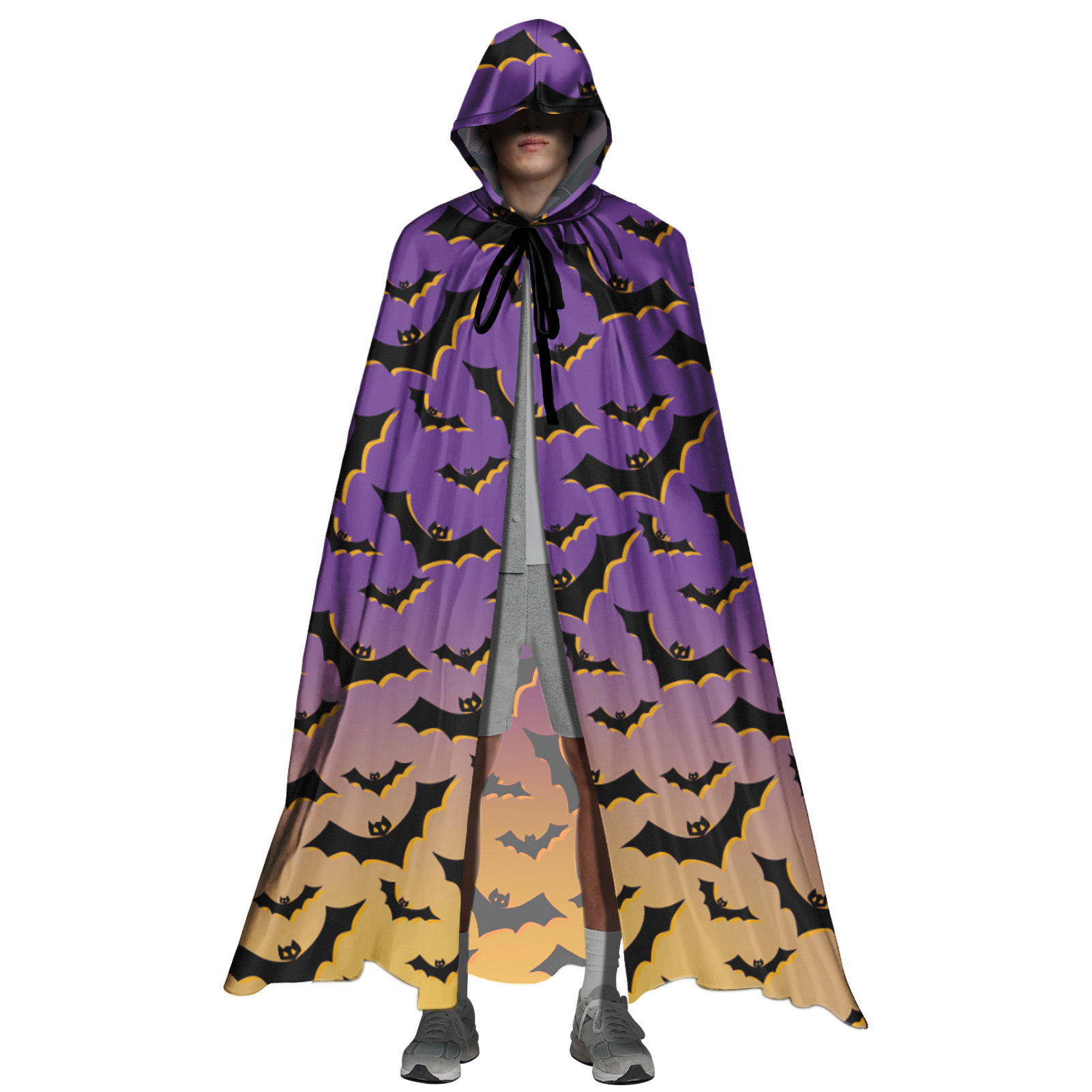 亚马逊蝙蝠渐变长款斗篷带帽系带神秘披风碎花万圣主题系列新款