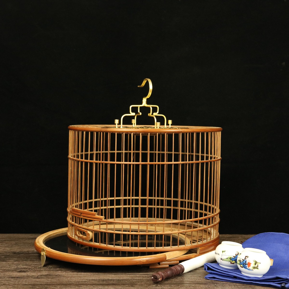 绣眼贝子黄豆靛颏玉鸟金青紫竹鸟笼抛光圆笼抽屉底鸟笼竹