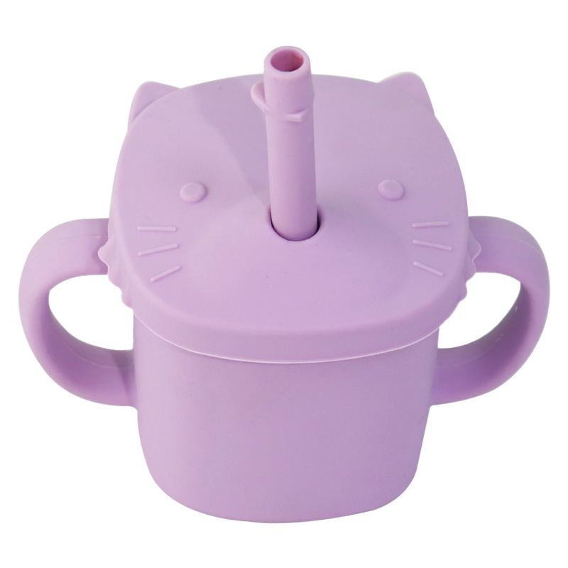 Food Grade Infant Special No-Spill Cup Binaural High Temperature Resistant Drop Resistant Milk Cup Baby Silicone Cup with Straw Wholesale