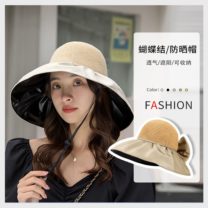 Hat Women's Fashion Summer Sun Hat Vinyl Sun Protection Hat Big Brim Bow Sun-Shade Fisherman Hat Outdoor Bucket Hat