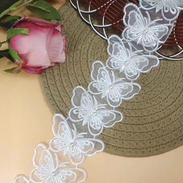 蝴蝶花边双层欧根纱刺绣蕾丝花边现货批发服装发饰珍珠刺绣辅料