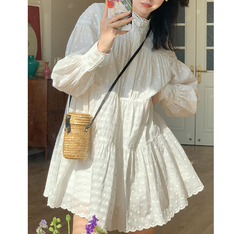 Women's French-Style White Dress for 13 Lines 2023 Spring New Small Stand Collar Embroidery A- line Dress First Love Skirt