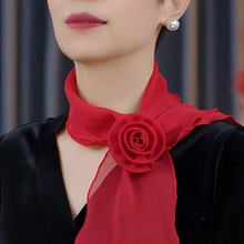 玫瑰花朵薄款纯色时尚丝巾百搭小花可拆卸领巾围巾夏季护颈围脖