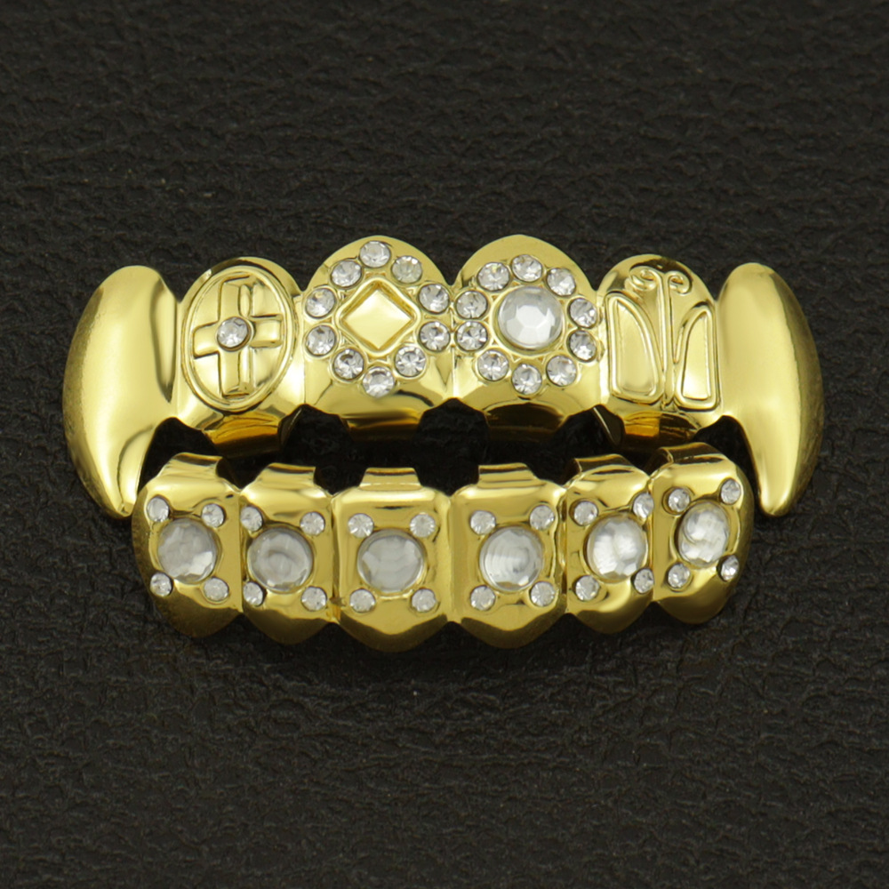 龅牙镶钻嘻哈牙套满钻hiphop嘻哈镀金银假牙套跨境亚马逊ebay代发