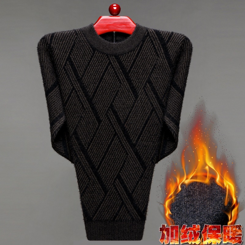 冬季加厚毛衫中年男式针织上衣秋冬加绒毛衣半高领仿貂线衣爸爸装
