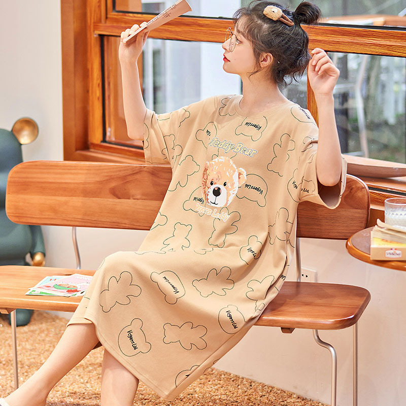 2023 New Pajamas Women's Summer Nightdress Summer Korean Style Short Sleeve Dress Cotton Cute Girl Long Home Wear