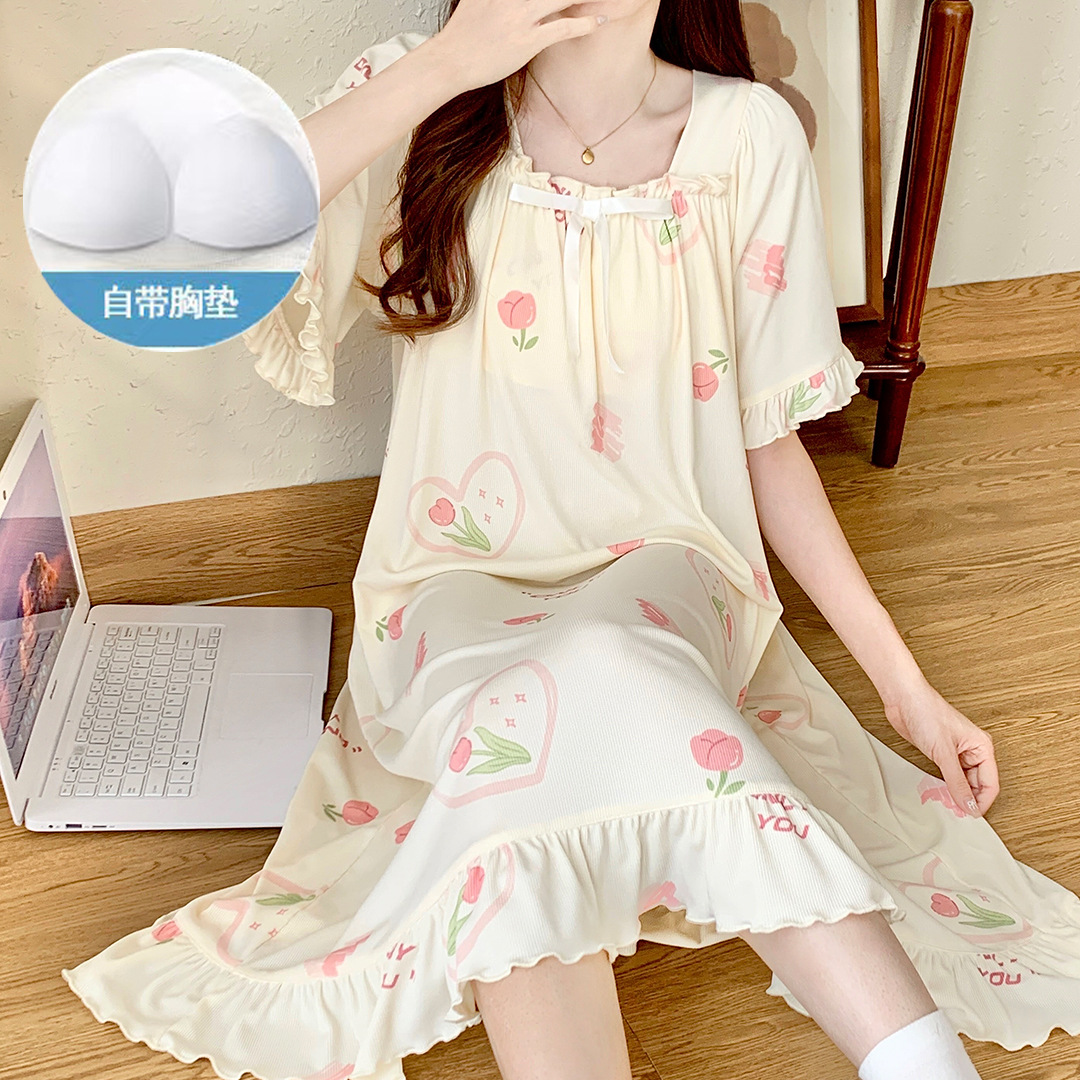 夏季新款短袖睡衣女睡裙冰丝螺纹宽松带胸垫甜美少女可外穿家居服