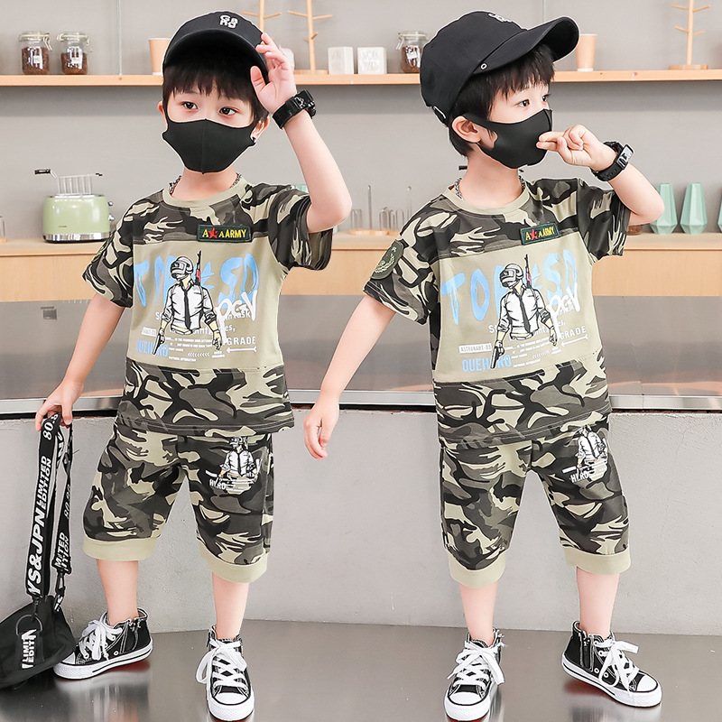 New Children's Clothing Boys' Short-Sleeved Suit Children Summer Children's Casual Thin Cartoon Camouflage Chicken Eating Two-Piece Suit