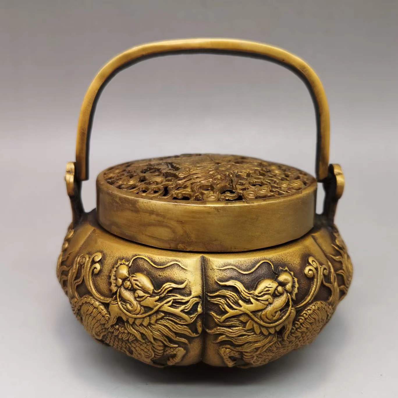 古董古玩仿古纯铜加厚黄铜麒麟暖手炉香炉香薰炉居家乡下收老物件