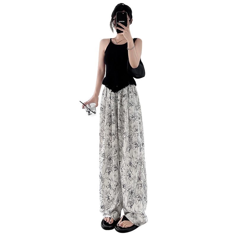 Ink Tie-Dyed Wide-Leg Pants Women's Pants Summer Thin Printed High Waist Straight Pants Draping Mop Casual Pants Women's Pants