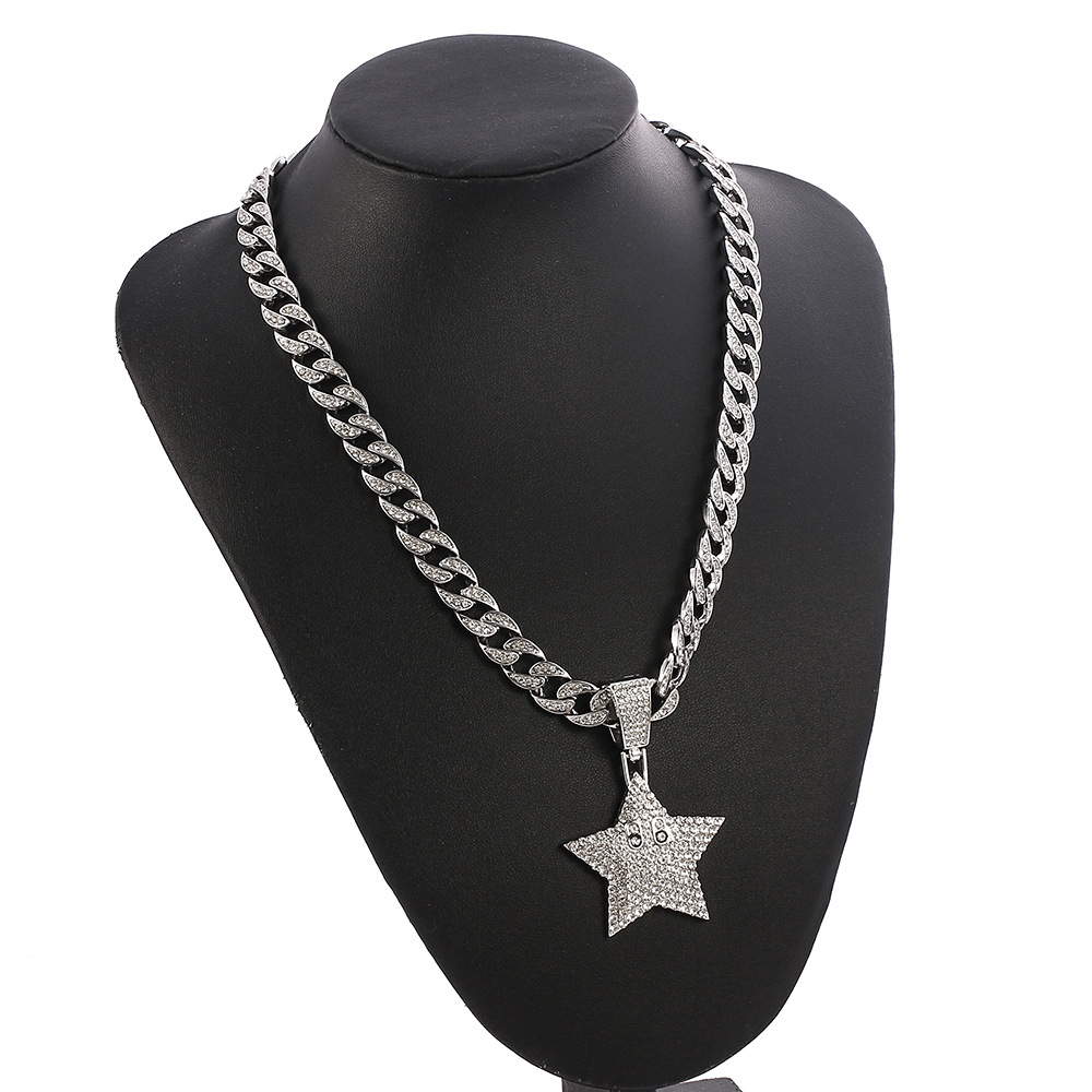 铜款五角星吊坠情侣男女款铜镶锆石项链 欧美嘻哈hiphop古巴链