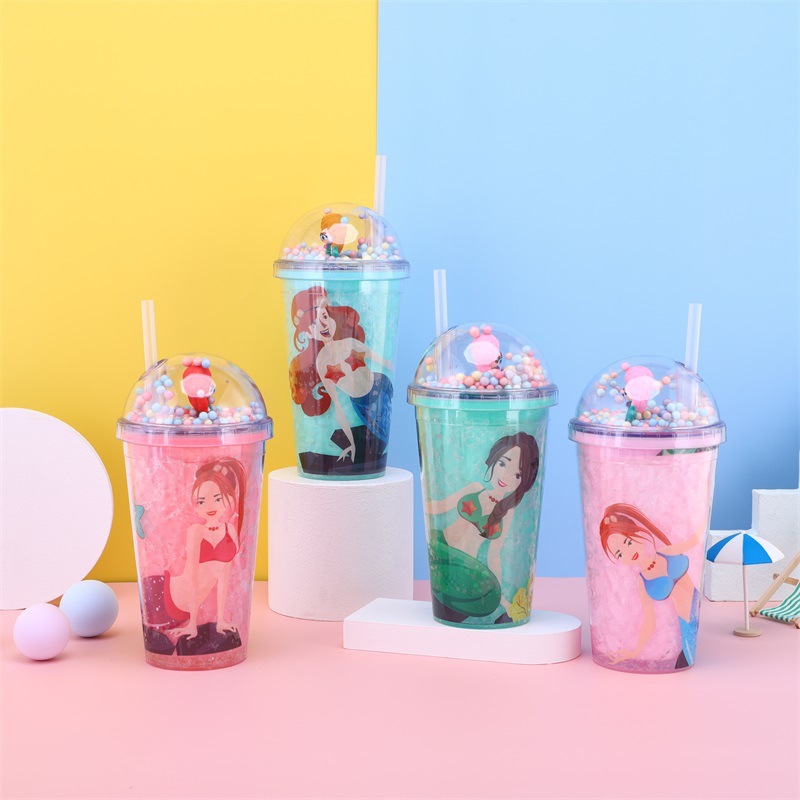 Creative Student Cartoon Figures Fish Plastic Cup Summer Series Micro Landscape Crushed Ice Cup Portable Seal Cup with Straw Wholesale