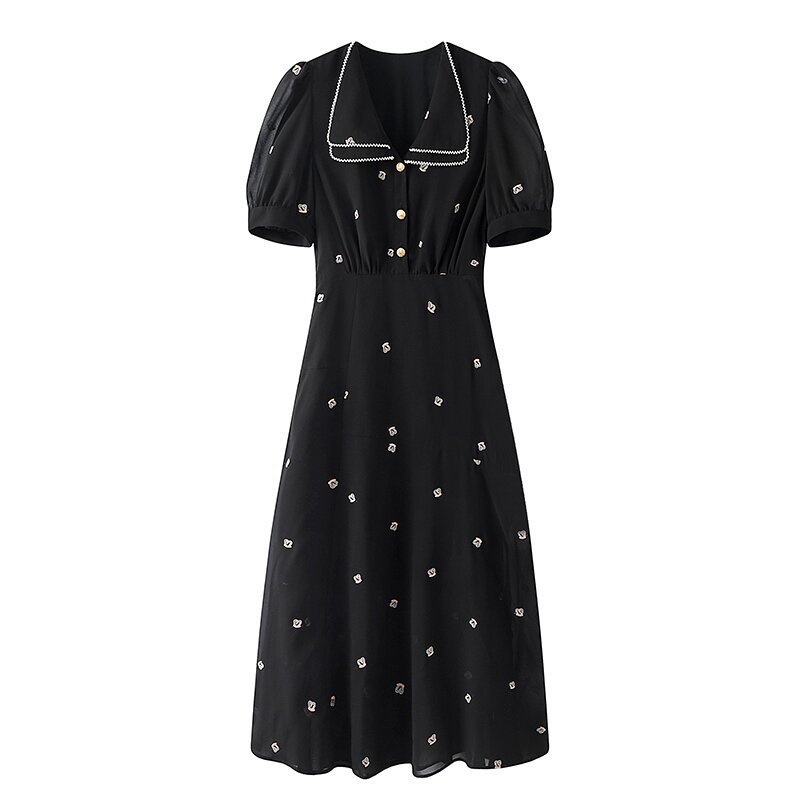 2024夏季新款法式优雅爱心绣花连衣裙雪纺裙泡泡袖d381e1006l20