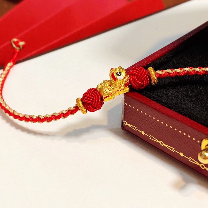 足金999纯黄金醒狮手链复古狮子手串新年红绳虎狮吉祥中国风手绳