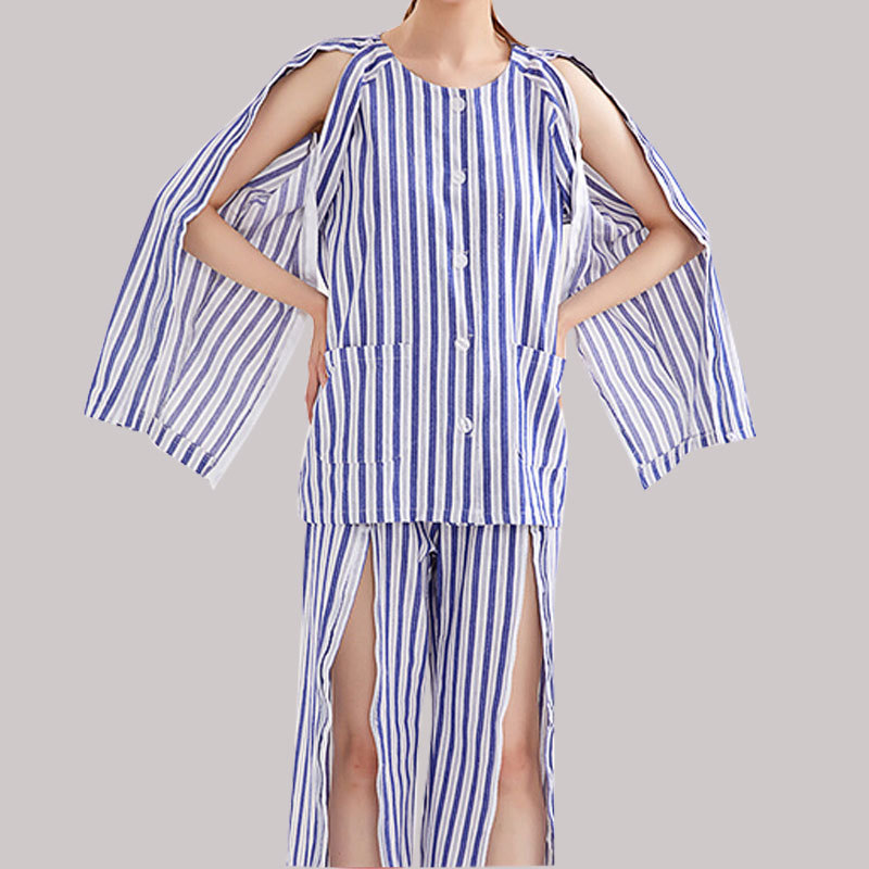 春夏款易穿脱护理服腿骨折病人裤子病号服瘫痪卧床老人睡衣棉质