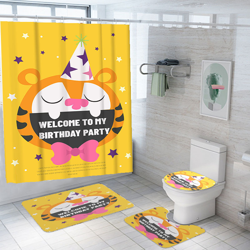 Factory Wholesale Polyester Digital Printing Shower Curtain Floor Mat Four-Piece Toilet Three-Piece Children Cartoon Dinosaur