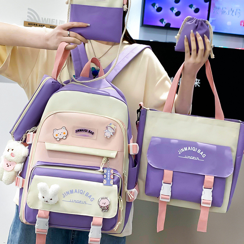 Schoolbag Girls Primary School Students Grade 3 to Grade 6 Girlish Four-Piece Set High School Students Junior High School Students Summer Backpack