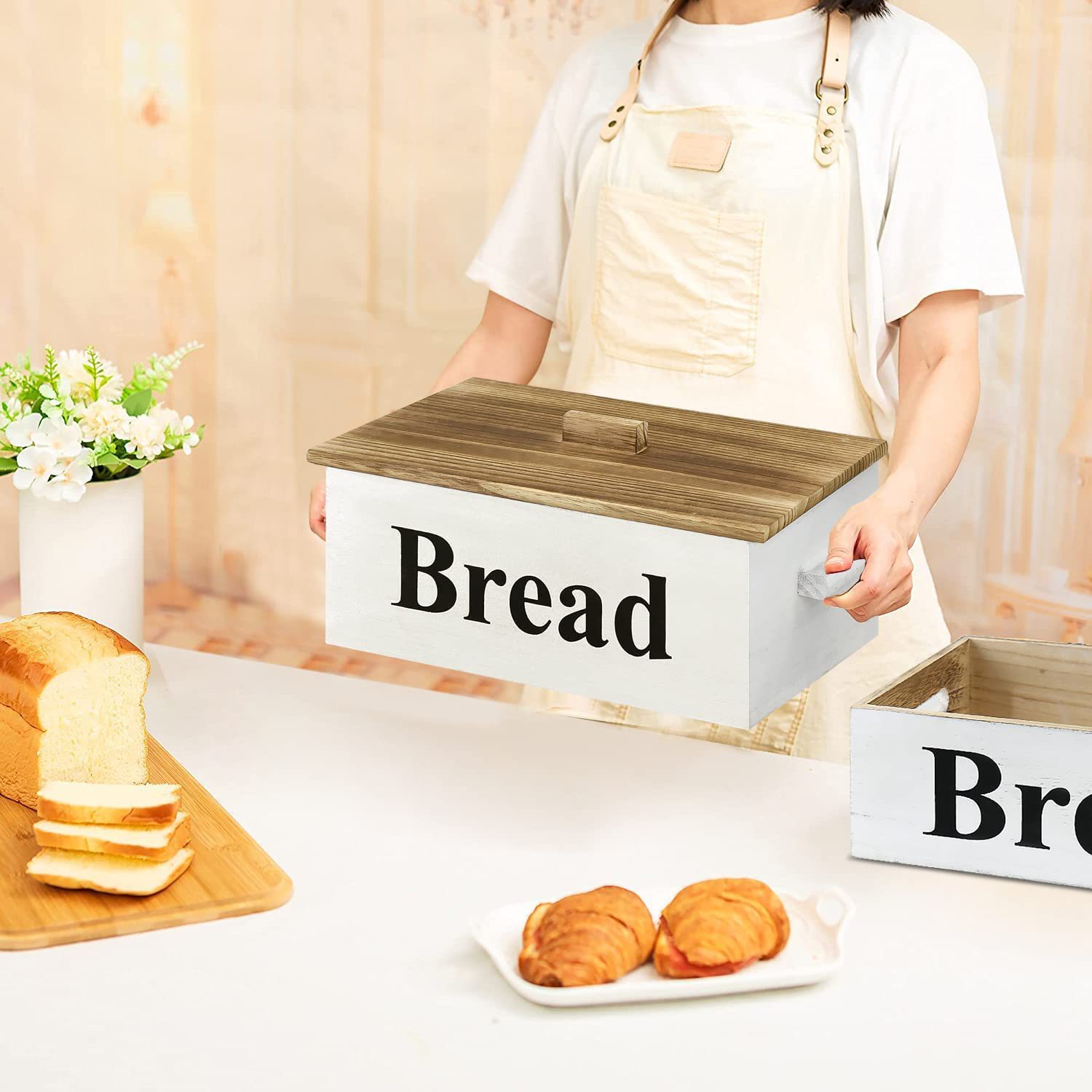 Wooden Nordic Instagram Style Kitchen Bread Box Food Sealed Box Wooden Bread with Lid Storage Box Two-Piece Set