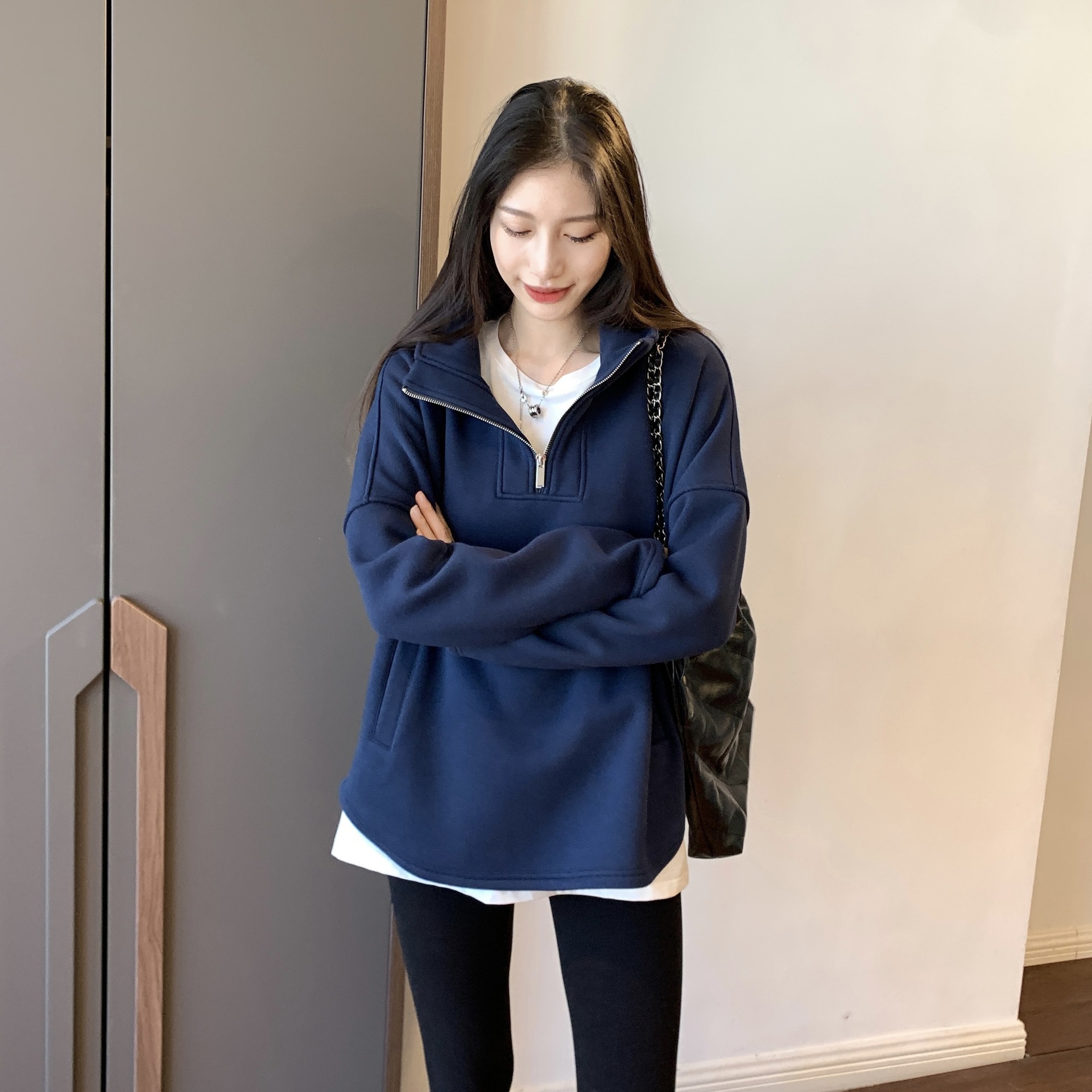 wy11013~洋气珠地棉baby绒侧身弧形连帽拉链落肩中