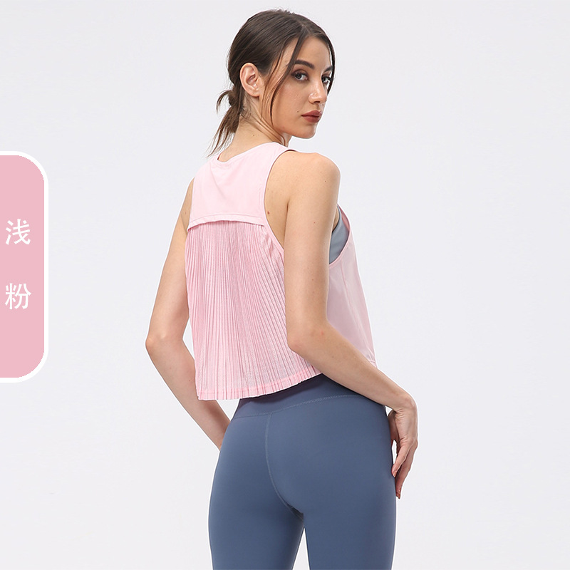 Yoga Blouse Women's Loose Quick-Drying Summer Thin Pleated Wrinkle Workout Clothes Tops Outerwear Sleeveless Sports Vest