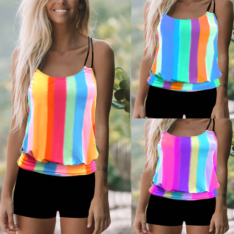 2021泳衣欧美女士性感彩虹条分体大码比基尼亚马逊泳装外贸