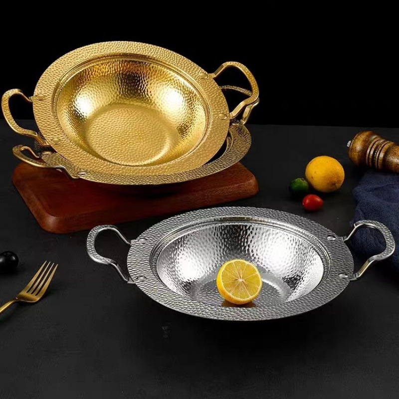 不锈钢干锅盘双耳金色小锅仔加厚通用小龙虾盘商用海鲜加厚大咖盘