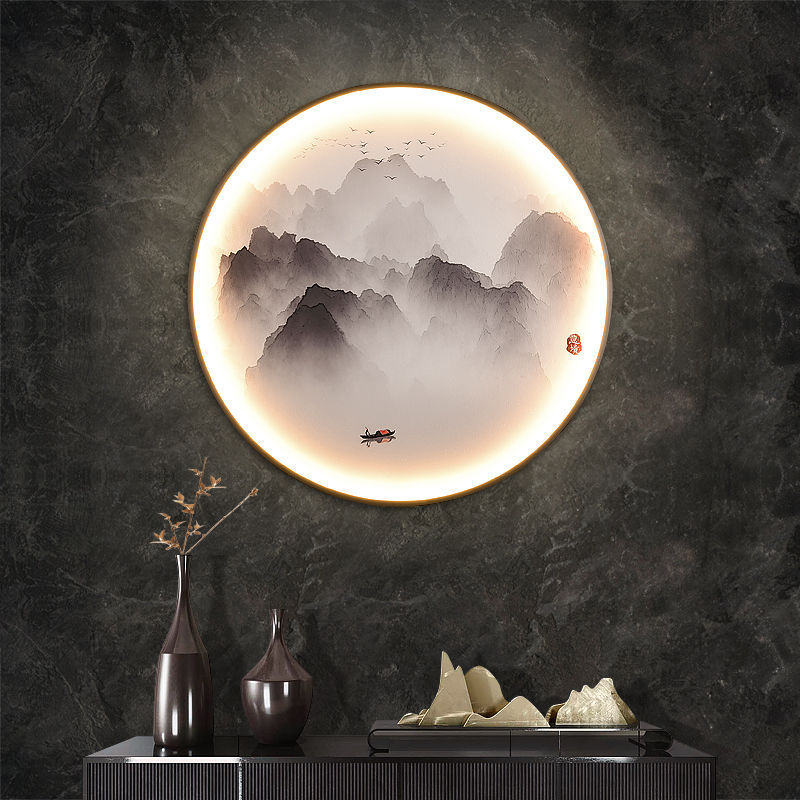 新中式壁灯画中国风禅意玄关灯圆形客厅山水灯茶室背景墙壁画灯具