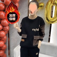 秋冬季加绒加厚口袋卫衣女印花拼接上衣大码时尚显瘦洋气休闲潮流