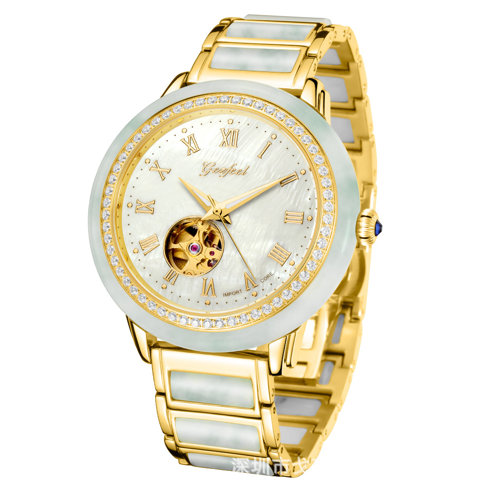 翡翠机械表 戈菲尔镂空透底镶钻一件代发和田玉石情侣手表批发