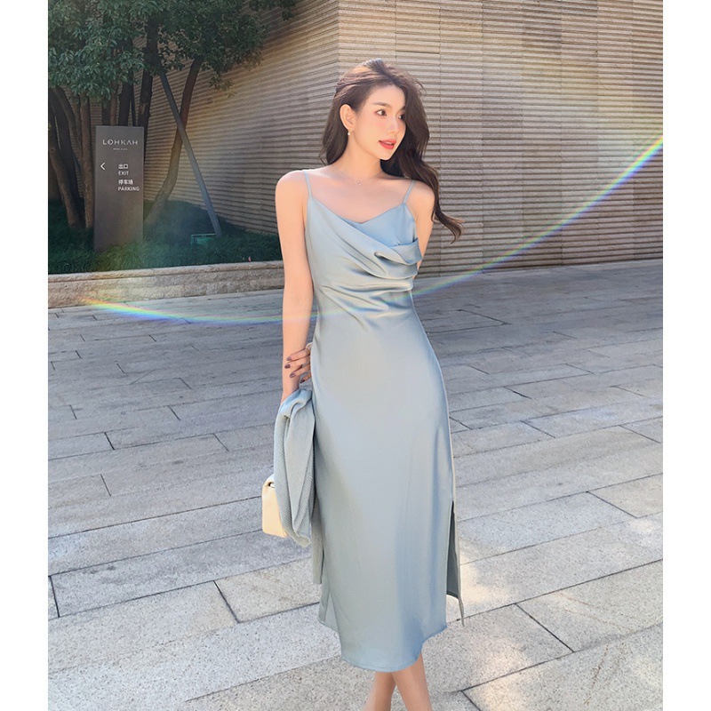 Atmosphere Dress Sneaky Design Acetate Satin Gray Blue Swing Collar Suspender Dress Women's Summer French Dress Ins