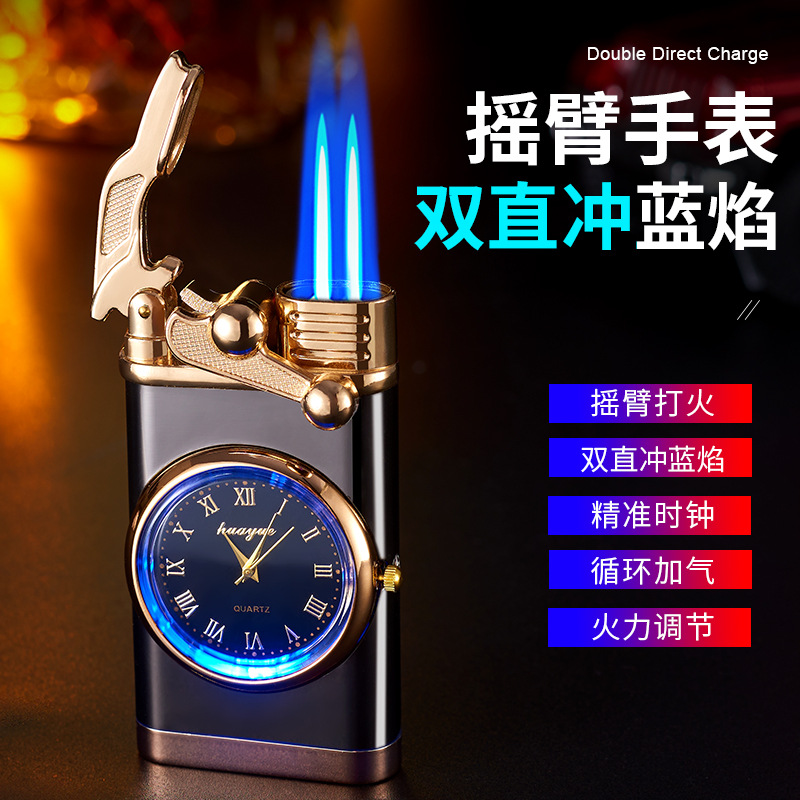 Huachu Rocker Arm Straight Dial Gas Lighters Creative Double Fire Watch Lighter TikTok Kuaishou Supply Wholesale