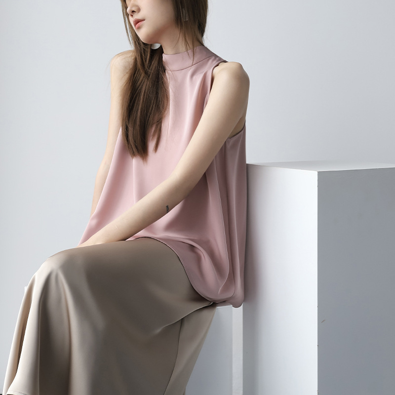 超好看紫色削肩无袖上衣女春季2022新款挂脖系带露肩外穿吊带背心