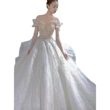 一字肩主婚纱新款新娘法式复古质感大拖尾公主风轻纱夏季
