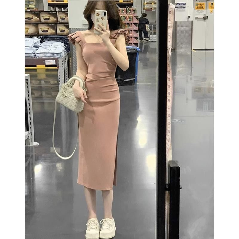 French Style Flying Sleeve Dress Women's Summer Design Sense Niche Temperament Waist-Controlled Slimming Slim Fit Side Slit Dress