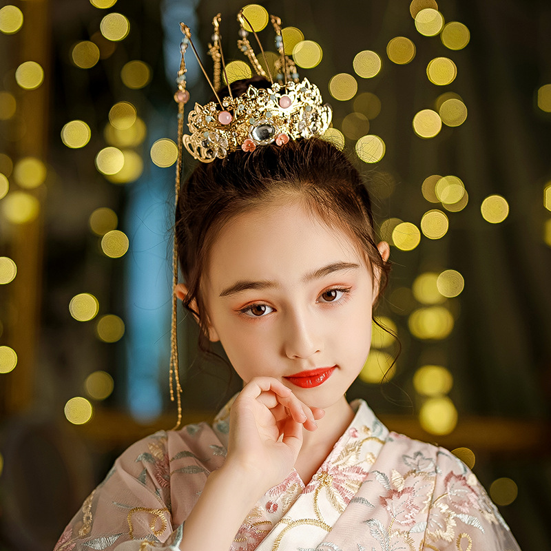 儿童汉服头饰凤冠女童头冠古装流苏发冠中国风演出走秀发饰品