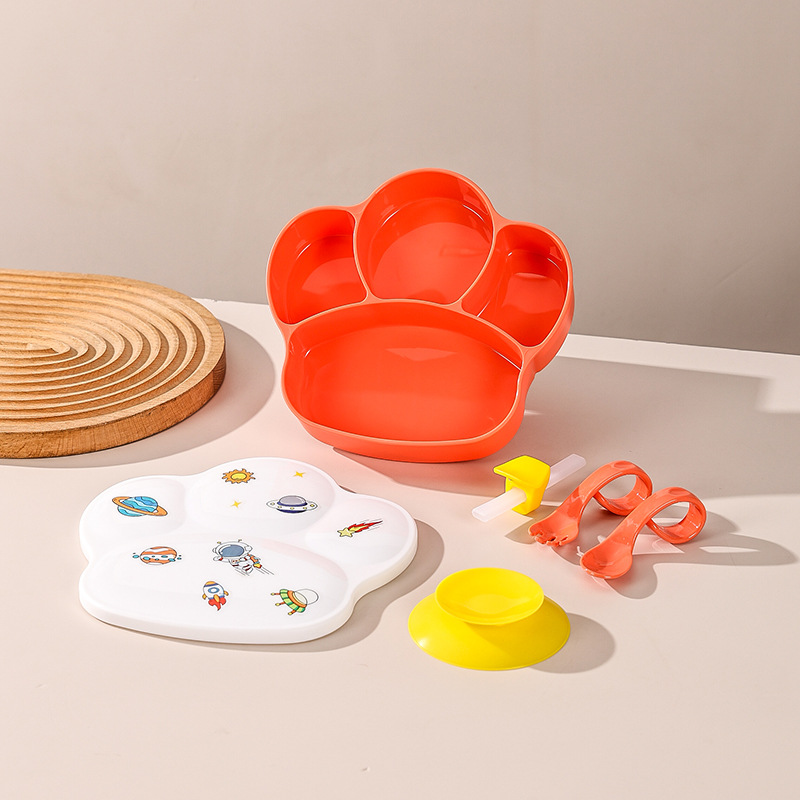 Baby Plate Children's Tableware Set Suction Cup One-Piece Compartment Baby Silicone Baby Bowl with Straw Eat Learning Training Bowl