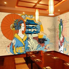日式浮世绘仕女图墙纸和服居酒屋墙布日本料理寿司店餐厅装修壁纸