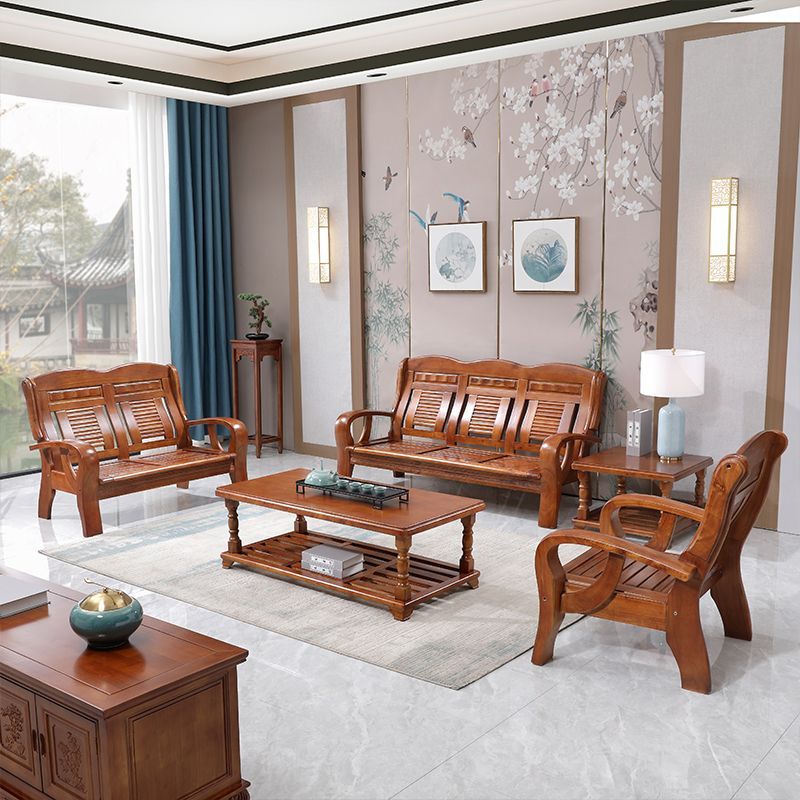 中式全实木沙发组合老式普通木头三人座椅小户型客厅农村木质家具